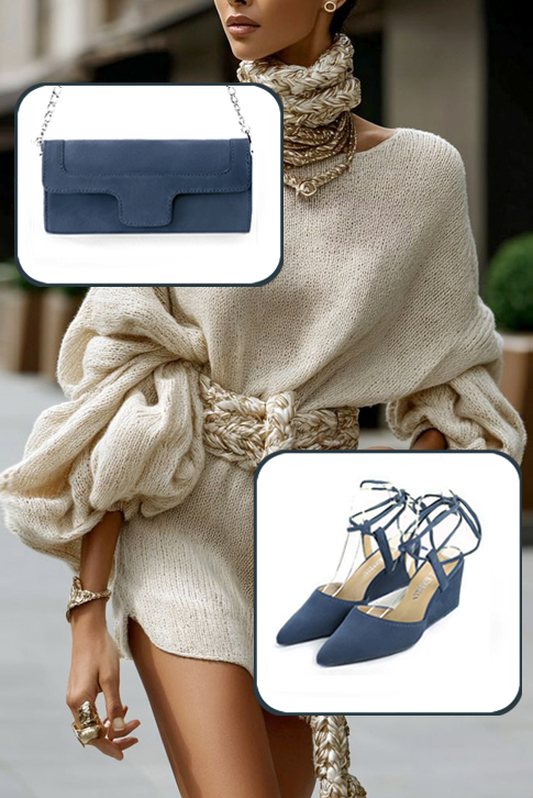 Women's denim blue elegant closed-toe heels, with crossed straps. Tapered toe. Medium wedge heels - Top view